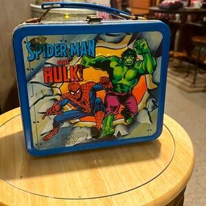 Vintage 1980 Aladdin Spider-Man and The Hulk Metal Lunch Box with Thermos.